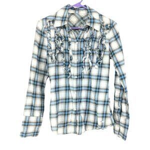 Seven7 Pearl Snap Casual Shirt Women's Size Small Blue Plaid